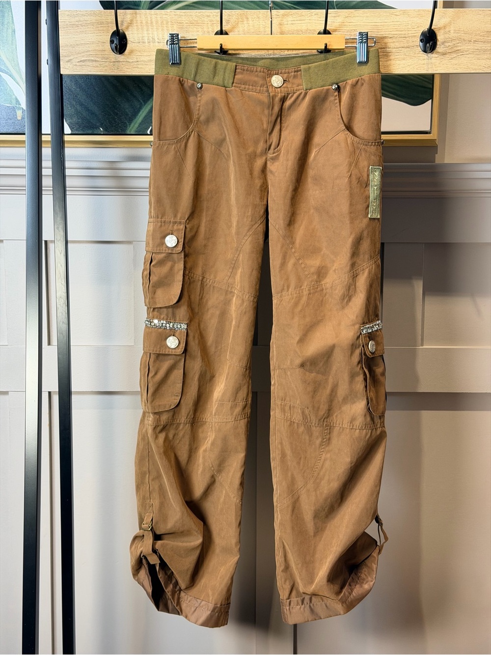 Per Me Y2K Pants Womens 28 Cargo Brown Pockets Rhinestone Bottoms Mid Rise